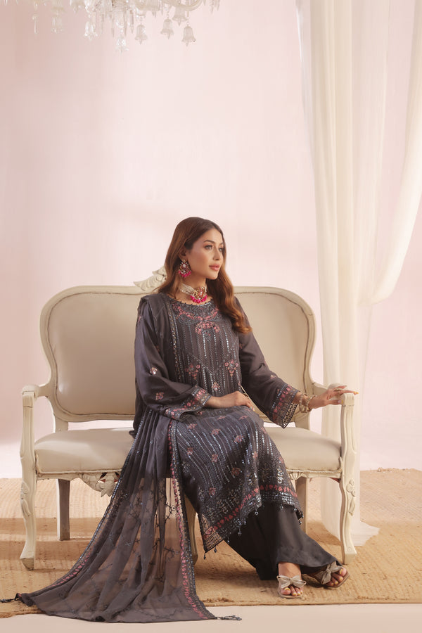 ZOFIA - Semi-Stitched 3-Piece Luxury Embroidered Chiffon