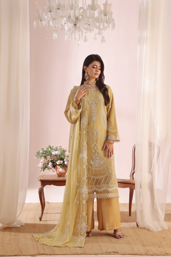 ZOFIA - Semi-Stitched 3-Piece Luxury Embroidered Chiffon (Yellow)